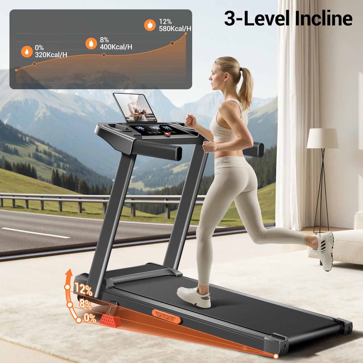 12% Incline Treadmill with Handle, 3-in-1 Portable Treadmills for Home and Office, Foldable Treadmills with 300 Lbs Weight Capacity, 3.0HP Quiet Walking Pad Treadmill, Three Touch Screen