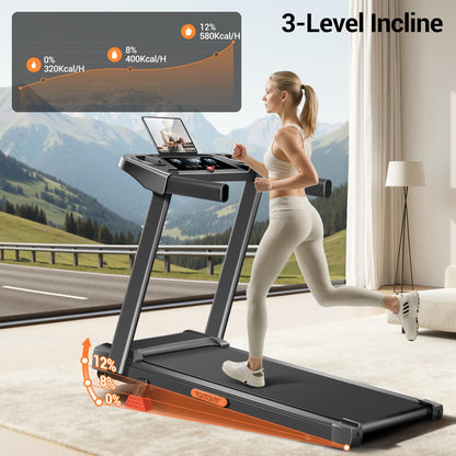 12% Incline Treadmill with Handle, 3-in-1 Portable Treadmills for Home and Office, Foldable Treadmills with 300 Lbs Weight Capacity, 3.0HP Quiet Walking Pad Treadmill, Three Touch Screen