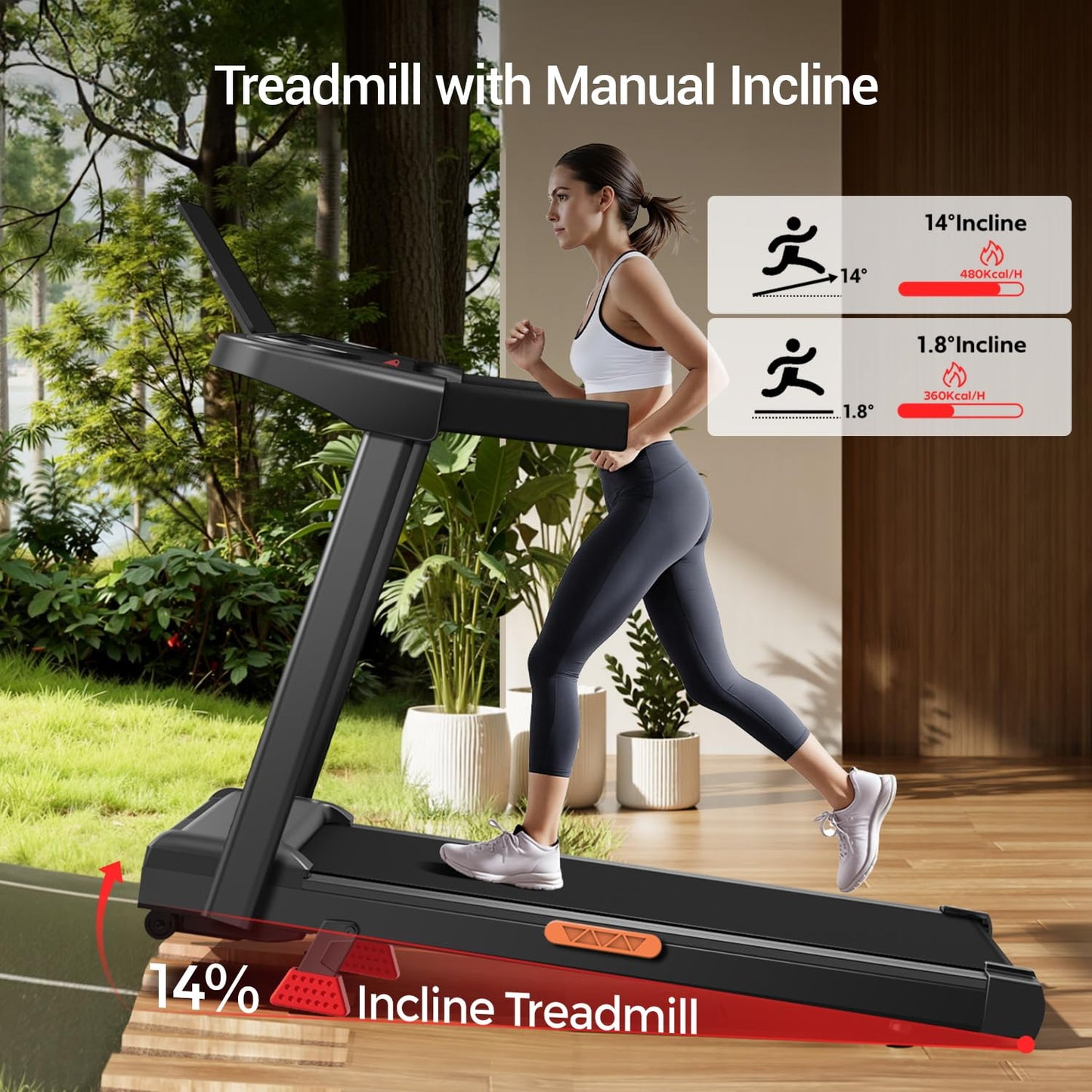 14% Incline Treadmill with Handle, 3-in-1 Portable Treadmills for Home and Office, Foldable Treadmills with 300 Lbs Weight Capacity, 3.0HP Quiet Walking Pad Treadmill, Three Screen