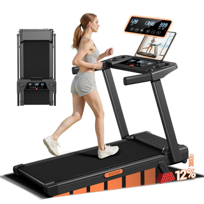 12% Incline Treadmill with Handle, 3-in-1 Portable Treadmills for Home and Office, Foldable Treadmills with 300 Lbs Weight Capacity, 3.0HP Quiet Walking Pad Treadmill, Three Touch Screen