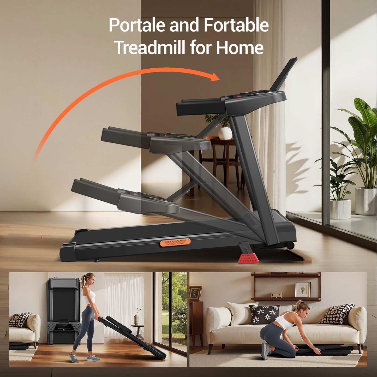 14% Incline Treadmill with Handle, 3-in-1 Portable Treadmills for Home and Office, Foldable Treadmills with 300 Lbs Weight Capacity, 3.0HP Quiet Walking Pad Treadmill, Three Screen